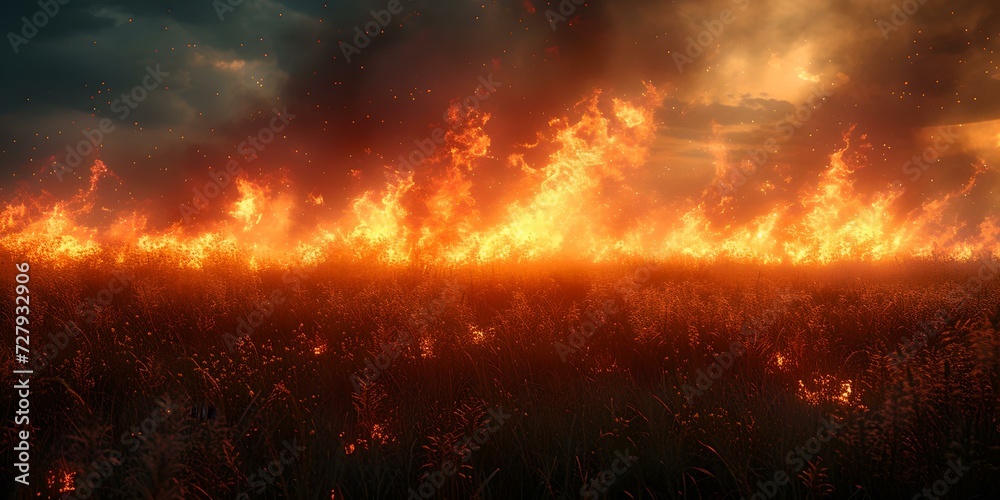 Fiery blaze engulfs the horizon in a dramatic display of nature's fury. captivating scene of wildfire, ideal for backgrounds and illustrations. AI