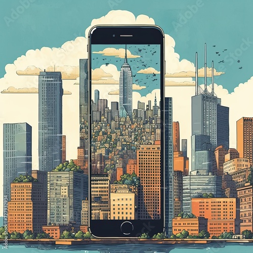 Illustration of giant mobile phone in the city. Generative AI
