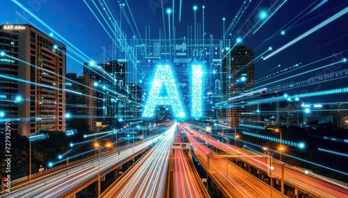Artificial intelligence illuminating city highway at night