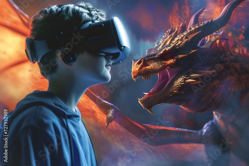 a boy in augmented reality glasses plays with a huge and powerful dragon that flies around him,concept of educational programs, the development of innovative technologies,development of imagination