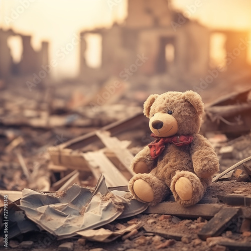 Teddy bear sitting on ruins of a building after warfare photo