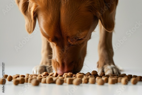Hungry brown dog eating dog food pellets on the floor. canine feeding time captured in a simple, clean style. perfect for pet care themes. AI