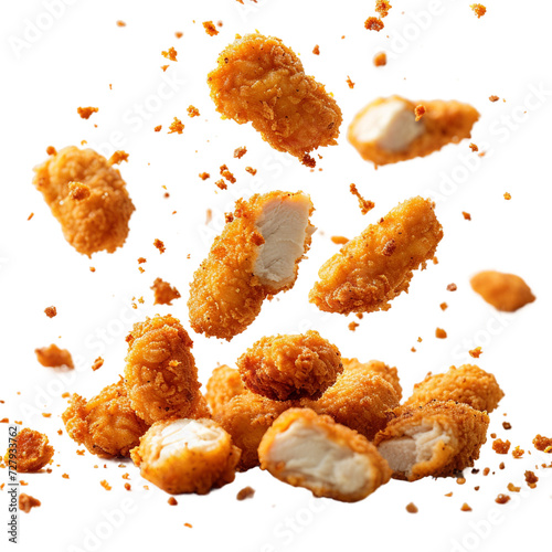 Fried chicken nuggets with crumbs falling.
