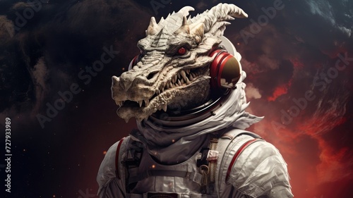 A dragon in space. An adult dragon is an astronaut on the background of space.
