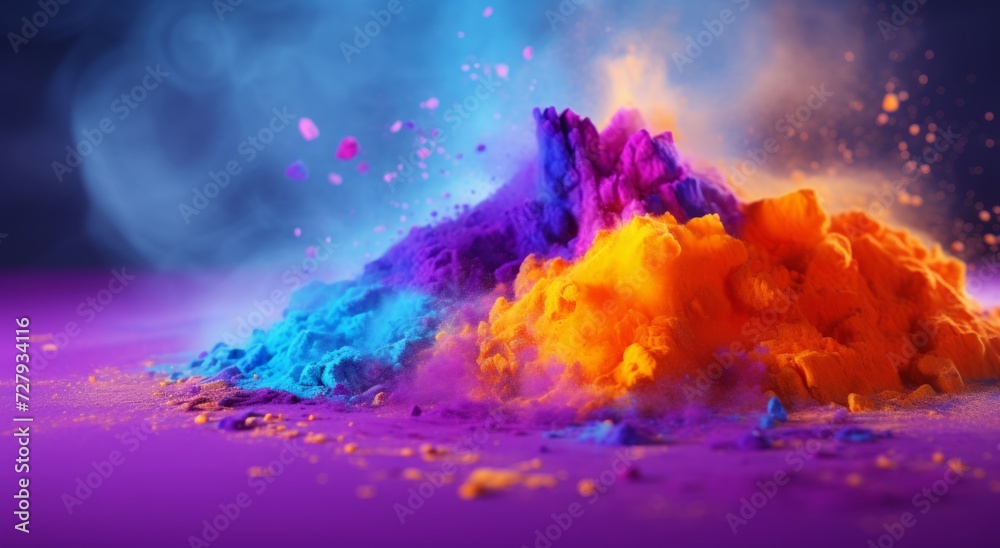 Happy holi festival decoration.Top view of colorful holi powder on purple background with copy space for text