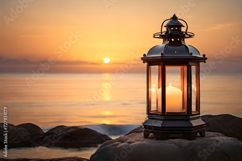 Closep of traditional candle lantern lamp on the seashore with sunset view, copy space. The lord will fight for you. You need only to be still. Islamic concept image. Perfect for wallpaper, banner