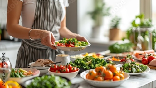 Woman preparing fresh vegetable salad in kitchen