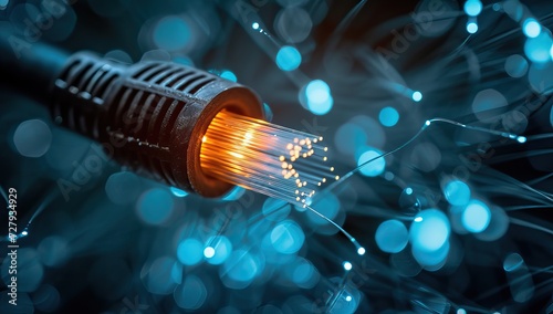 Fiber optical network cable close up with bokeh background