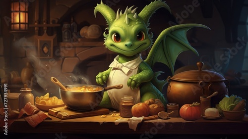 A cute little dragon chef is on the table.