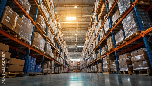 Large warehouse interior with rows of shelves filled with boxes photo