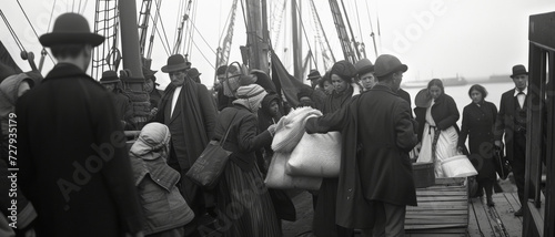 Busy historical quayside scene with immigrants and travelers, laden with belongings, conveying a journey of hope photo