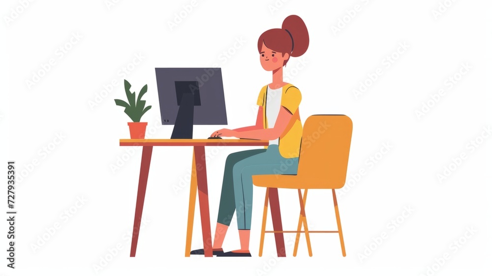 illustration with ginger young girl sitting and working at the computer, isolated white background, 