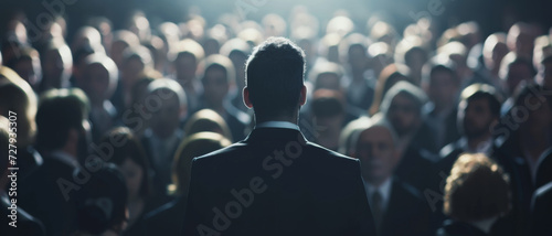 A man stands before an anonymous crowd, a silhouette against the collective anticipation of an unseen event
