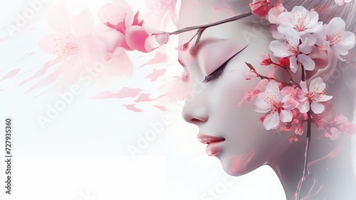 Serene portrait of a woman with blossoming flowers, symbolising beauty and tranquility in nature, white background © 18042011