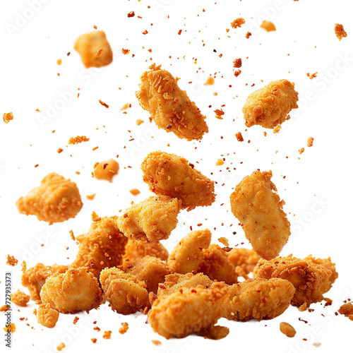  Fried chicken nuggets with crumbs falling. 