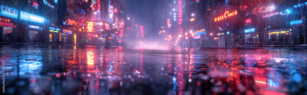 Rainy cityscape at night, illuminated by vibrant neon lights. The wet ground reflects the myriad of colors, enhancing their glow. Buildings adorned with neon signs contribute to an urban aesthetic.
