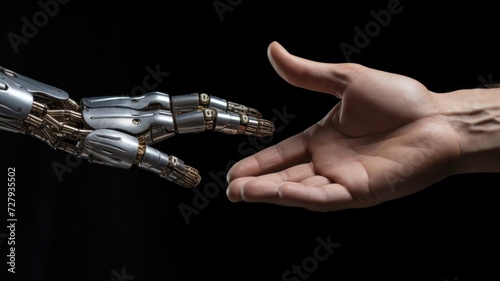 Human and robot hands embody the concept of artificial intelligence partnership in a 3D illustration on a black background.