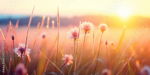 Sunset Whispers - Wispy grass and tender wildflowers glow in the soft embrace of the setting sun  whispering tales of the day s end