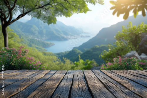 An empty wooden deck overlooks a breathtaking view of a calm lake surrounded by lush mountains and vibrant flora.