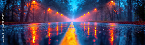 Mystical view of a wet road at night, illuminated by streetlights. Vibrant reflections on the surface, surrounded by foggy atmosphere and faintly visible trees.