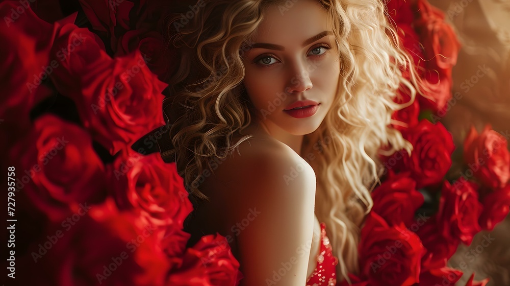 Elegant woman amidst vibrant red roses, soft focus for romantic ambiance. perfect for beauty themes. ideal for valentine's day promotions. AI