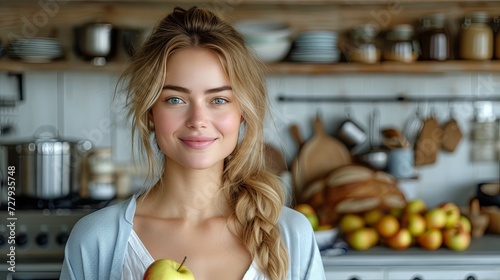 Woman Holding Apple in Kitchen
