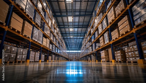 Warehouse interior with rows of shelves and racks in a large warehouse