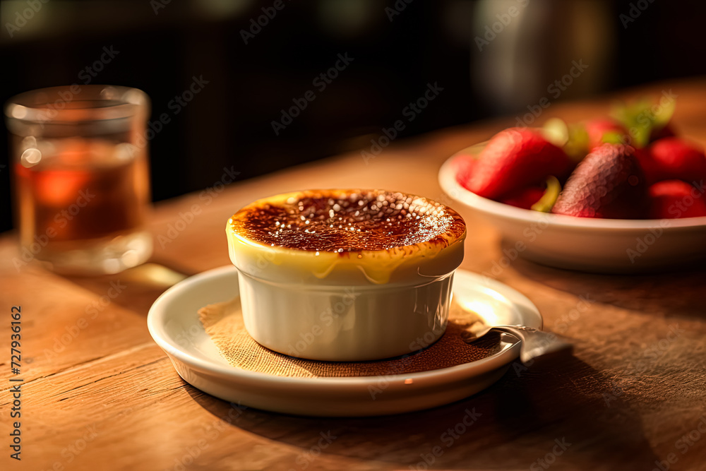 Indulge in the exquisite decadence of Creme Brulee, artfully served on a wooden table. A captivating image for culinary projects and dessert themed designs. Indulge in the exquisite decadence of Creme Brulee, artfully served on a wooden table. A captivating image for culinary projects and dessert themed designs.