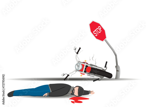 Accident. traffic accident involving a motorcyclist. The motorcycle crashed into a stop sign.