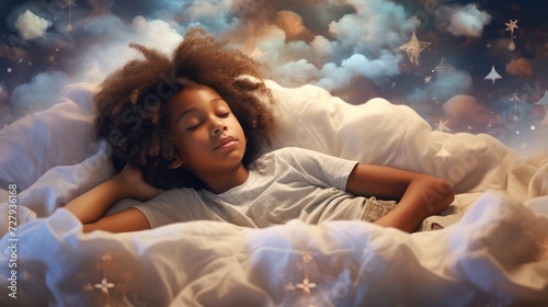 Dreamtime becomes a canvas of pastel colors and golden sparkles as a child rests in a world of wonder. photo