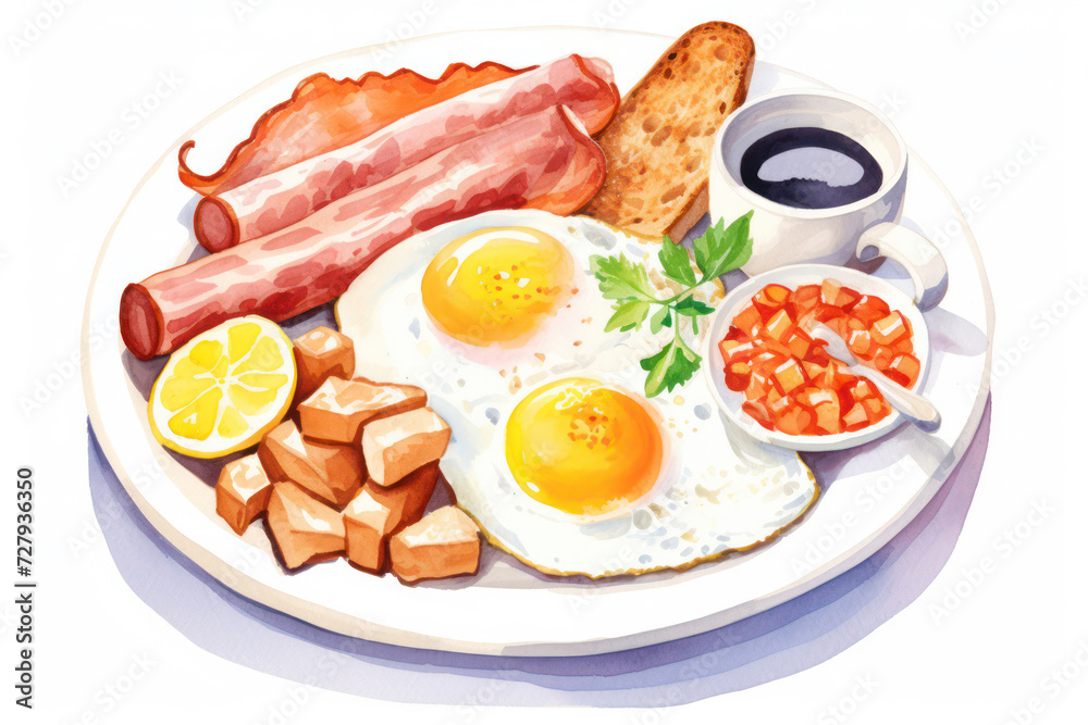 Crispy Bacon and Fried Egg on White Plate with Delicious Toasted Bread and Grilled Tomato, Traditional British Breakfast.