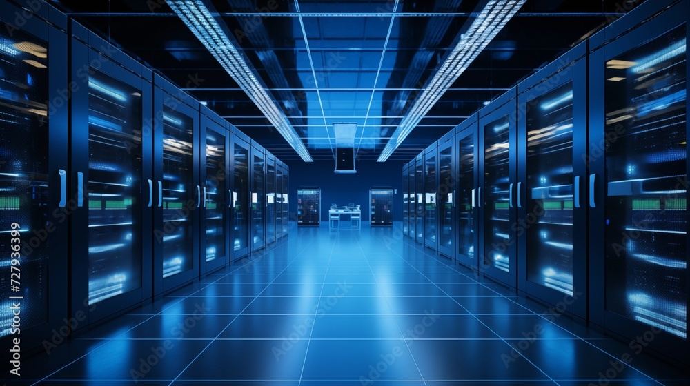 High-Tech Data Center with Blue Lighting High-Tech Data Center with Blue Lighting
