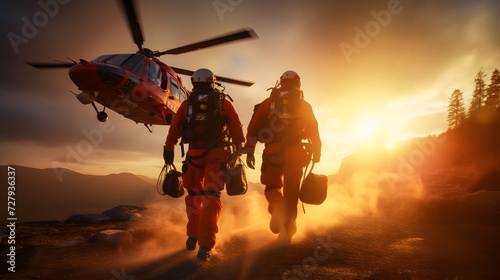 Two paramedic with safety harness and climbing equipment running to helicopter emergency medical service. Themes rescue, help and hope. photo