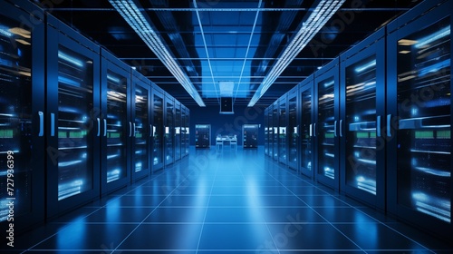 High-Tech Data Center with Blue Lighting