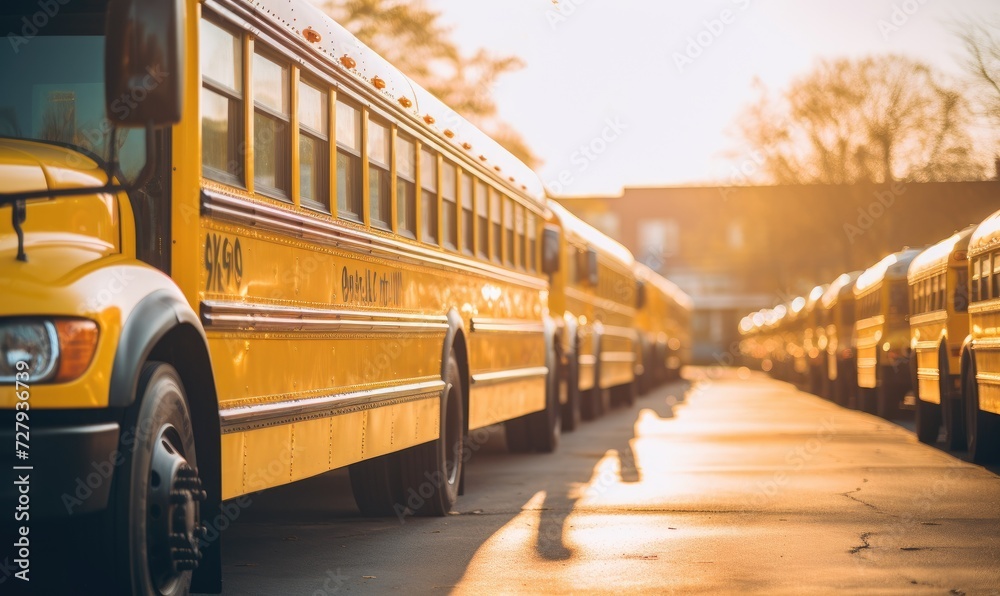 Row of Yellow School Buses Parked Together