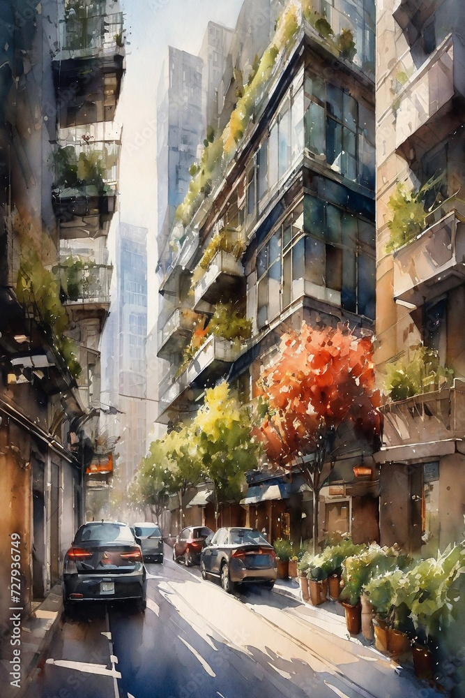 Fototapeta premium Picturesque Coastal Village, Watercolor