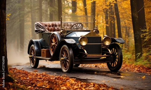 Vintage Car Driving Through Forest Road © uhdenis
