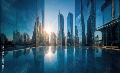Image of modern smart city skyscrapers, futuristic financial district with buildings and reflections, blue color background for corporate and business template with warm sun rays of light. © oktober64