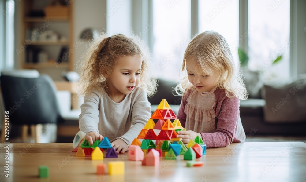 Two Little Girls Playing With Colorful Blocks on the Floor