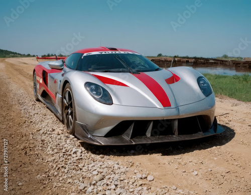 Silver supercar on a rural gravel road.