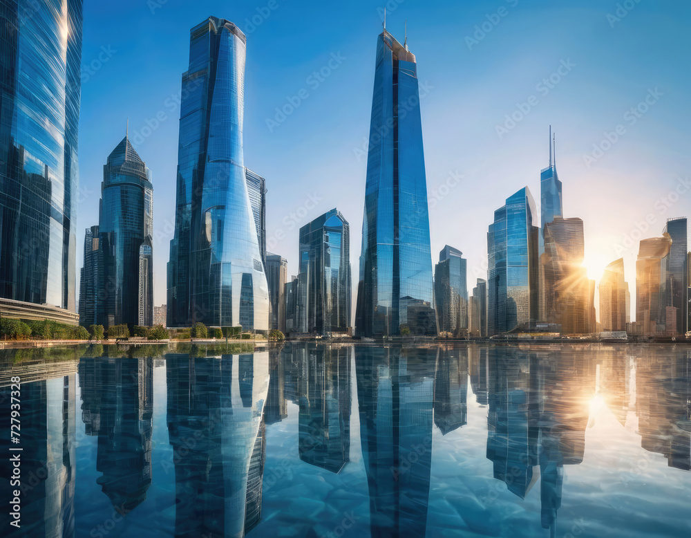 Fototapeta premium Image of modern smart city skyscrapers, futuristic financial district with buildings and reflections, blue color background for corporate and business template with warm sun rays of light.