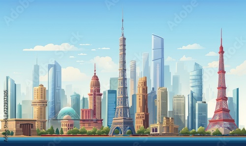 City Skyline With Tall Buildings and Lake