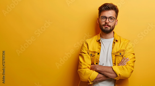 Close up of man wearing t-shirt and sunglasses, folded hands isolated on yellow background, summertime, half body. front view. copy space, mockup.
