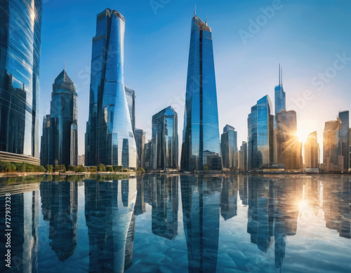 Image of modern smart city skyscrapers  futuristic financial district with buildings and reflections  blue color background for corporate and business template with warm sun rays of light.