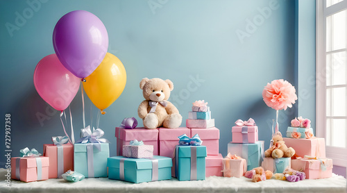 Baby shower party concept. Pink and blue gift boxes with ribbons, colorful balloons on soft pastel background. Celebrating child birthday
