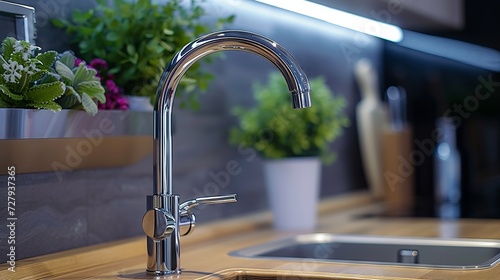  Elegant kitchen faucet curves above sink in a modern home with a warm ambiance.