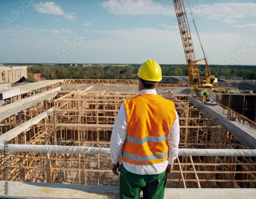 Rear view of a construction worker in protective uniform while working on a building roof structure at a construction site.
