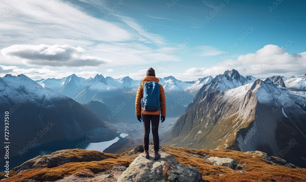 Adventurer Standing on Mountain Top With Backpack