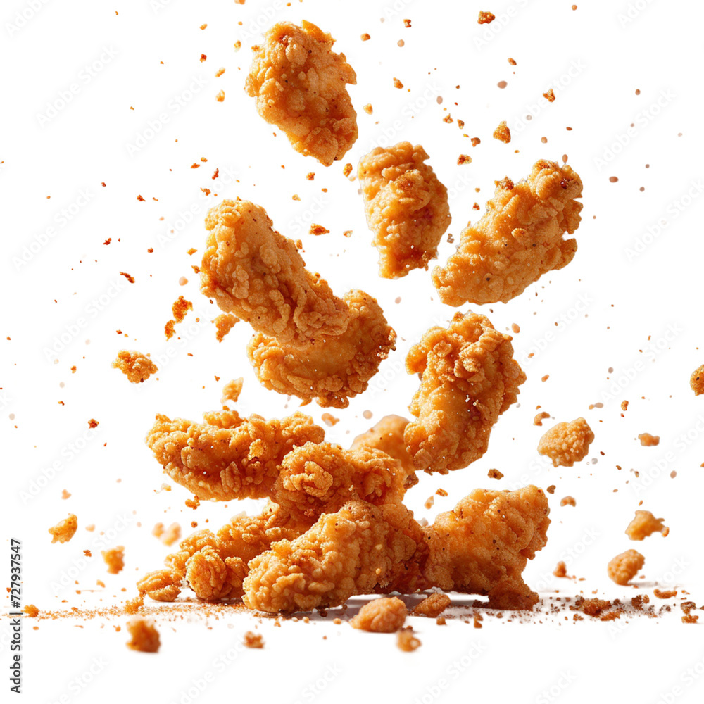 Fried chicken nuggets with crumbs falling.
Fried chicken nuggets with crumbs falling.