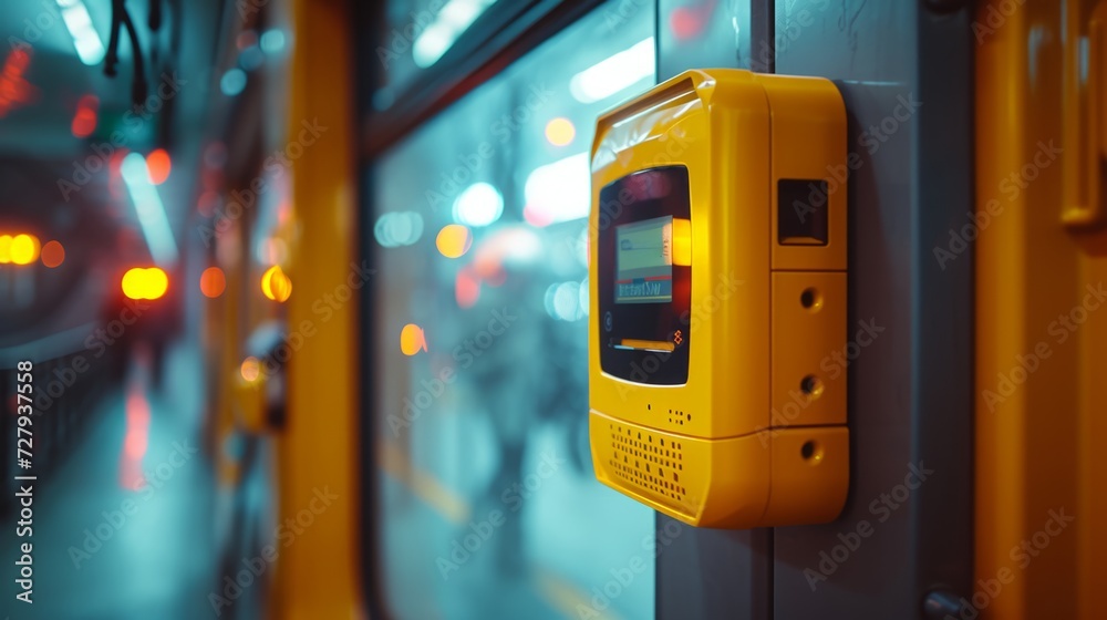 Vibrant yellow public transit contactless card reader with blurred background
